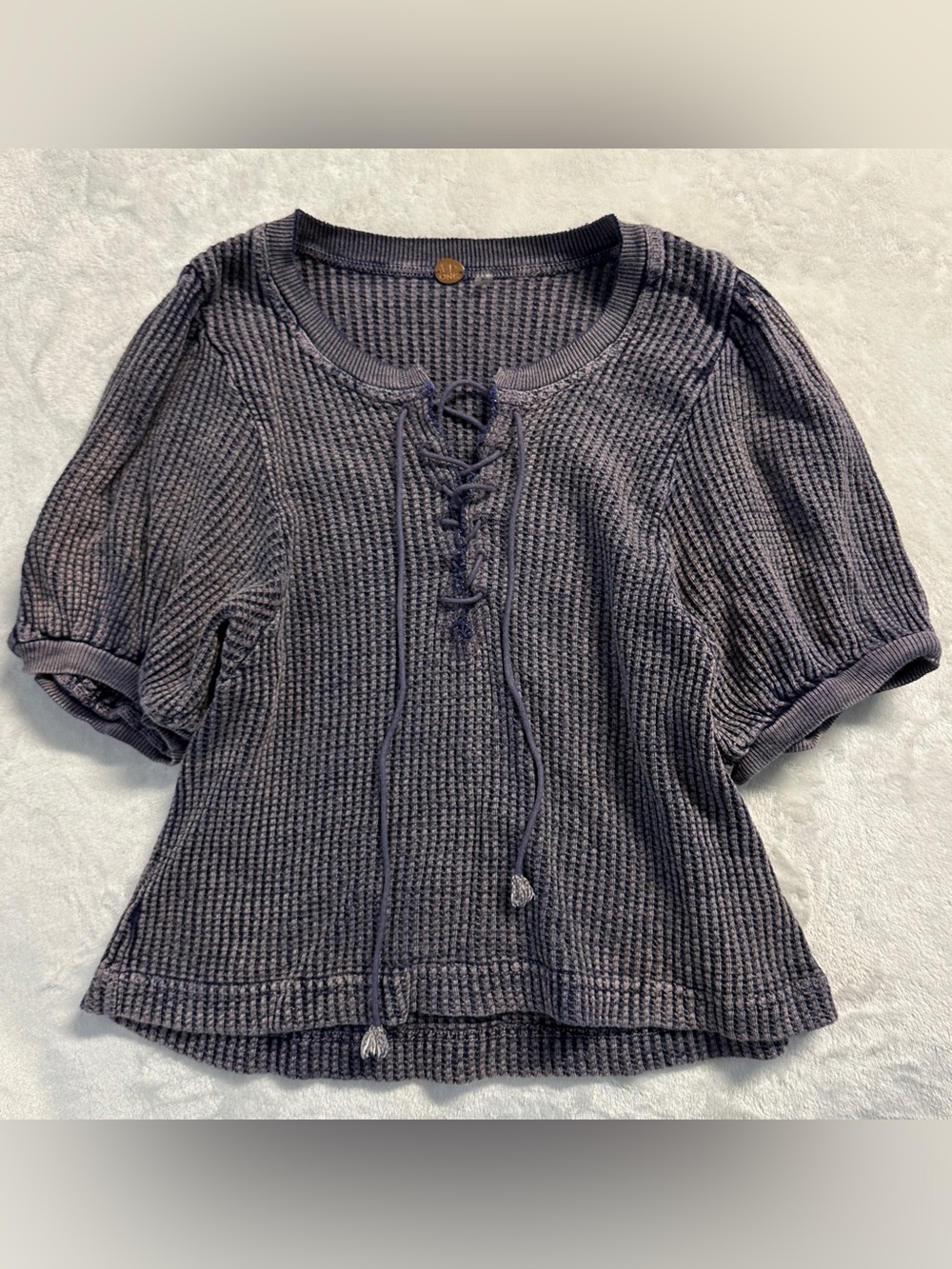 FP ONE women's dark purple women's waffle knit puff sleeve thermal top, M.